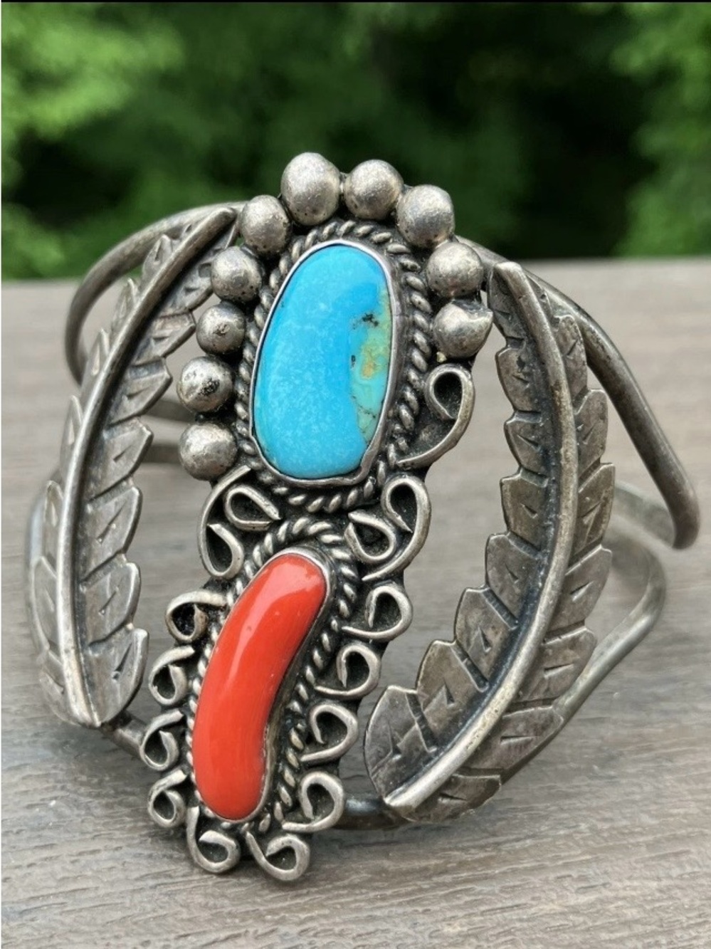 Turquoise & Red Jasper Mexico 925 Sterling Silver Cuff Bangle Bracelet Vintage